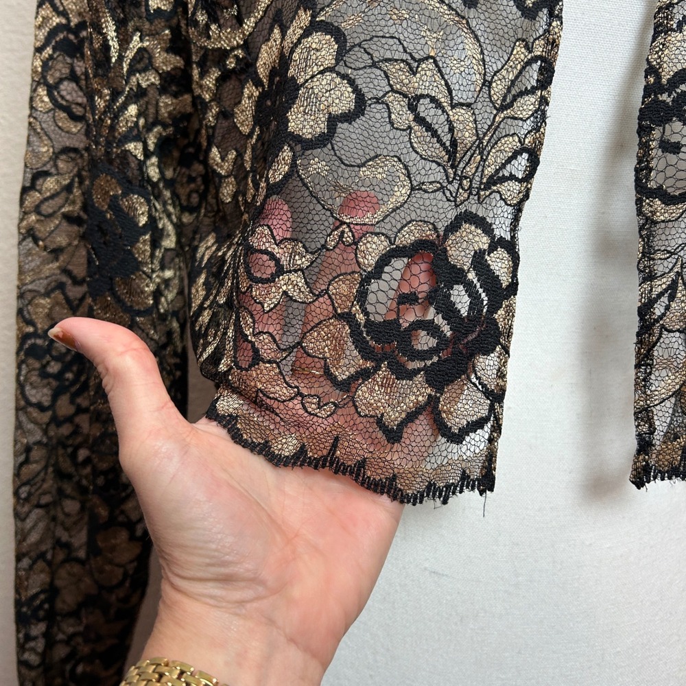 Vintage Lace Bolero Jacket Womens 14 Black Gold Metallic Floral Shrug Sheer Chic - Picture 10 of 15